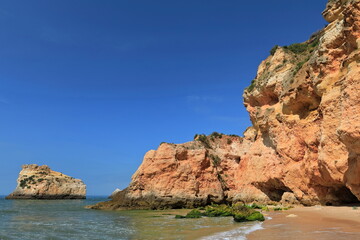 Fototapeta na wymiar Seastacks and cliffs-central section Praia da Prainha Beach. Alvor Portimao-Portugal-305