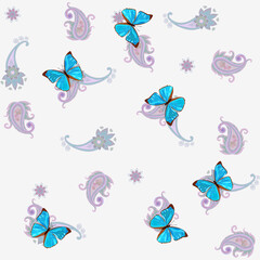 Obraz na płótnie Canvas Delicate oriental seamless pattern with paisley, fluttering butterflies on a white background in vector. Sweet print for fabric