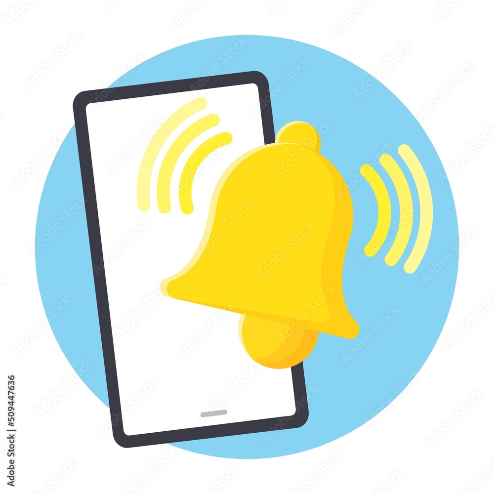 Poster smartphone with notification bell 1 on a green circle background. mobile notification concept. flat 