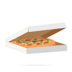 Pizza in box with shadows, on white background . Flat design illustration. Stock vector graphics