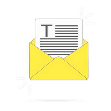 Envelope yellow with sheets of paper and text, and leter T. New email . Flat design illustration. Stock vector graphics