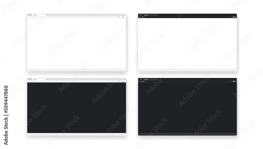 Poster Browser windows set template - blank frames of unbranded browsers in light and dark mode to use in mockups. Realistic vector illustration