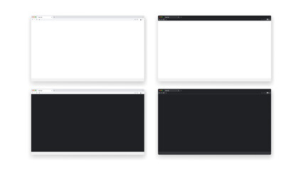 Browser windows set template - blank frames of unbranded browsers in light and dark mode to use in mockups. Realistic vector illustration