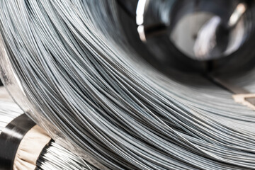 Iron wire in roll. Warehouse of metal products.