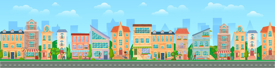 City street. Panoramic cityscape with bright houses, walking pedestrians. Shop and stores. Summer city. Vector illustration in cartoon style.