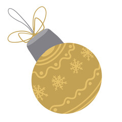 Cute flat Christmas ball. Hand drawn flat vector golden christmas ball decorated with snowlakes pattern. Design for winter holidays, xmas, Christmas cards, New Year, greeting cards, invitations.