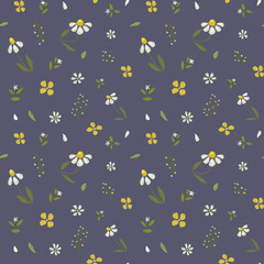 Seamless pattern, small flowers, daisies. Paper texture, pastel texture, hand drawing.