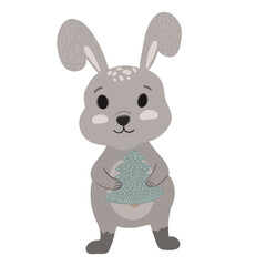 Fototapeta na wymiar Hare with Christmas tree. Scandinavian flat vector illustration of a cute flat bunny with fir tree. Design for children, kid designes. Nursery room frame art.