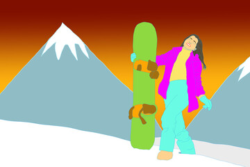 Fototapeta premium illustration of a little girl with a snowboard