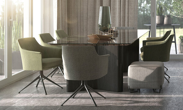 Minimalism modern interior design. Studio dining room with luxury table and green chairs. 3d rendering. 3d illustration.