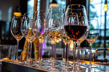 Many glasses of white and red white served for party or celebration