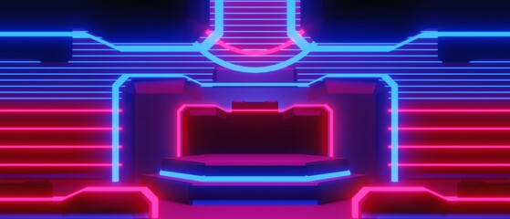 abstract backgound video game of esports scifi gaming cyberpunk, vr virtual reality simulation and metaverse, scene stand pedestal stage, 3d illustration rendering, futuristic neon glow room © issaronow