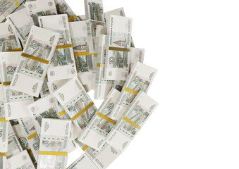 Stack Russian cash or banknotes of Rusia rubles scattered on a white background isolated The concept of Economic, Finance, Background, news, social media and texture of money 3d Rendering 10 Ruble