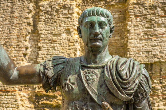 London, England- 22.04.2022: Statue of the Roman Emperor Trajan outside the Tower of London. High quality photo