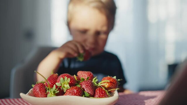 Happy child boy eating strawberries with milk