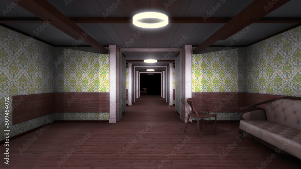 Poster old corridor with dark end. animation. moving forward along corridor with old interior and linear li