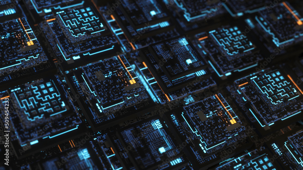 Poster neon boards in computer. animation. beautiful 3d neon boards in computer cyber space. illuminated me