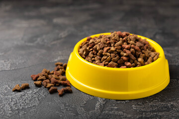 Dry cat food in a yellow bowl on a cement background. Vitamins and nutrients for good health and energy of pets.Copy space.