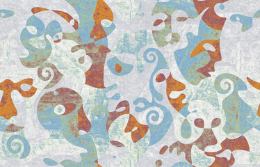 Mural printing on tiles. Modern art background in bauhaus style with eye, curves line, faces. Vanguard poster. Cubism fresco seamless wallpapers. Continuous line. Raster copy illustration © Юрий Парменов