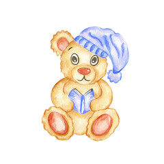 Cute little toy animal teddy bear, sitting. Hand drawn watercolor , isolated illustration
