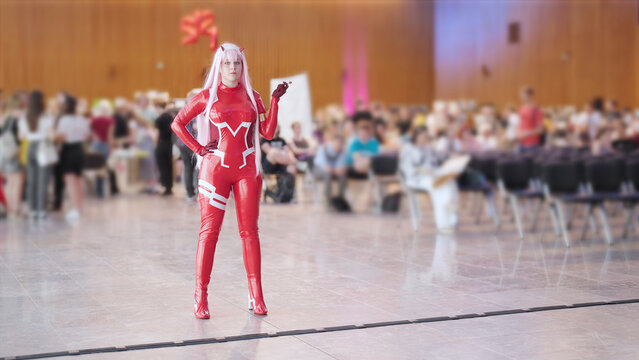 Zero Two Anime Cosplay Girl In Suit Posing At The Comic Con Event