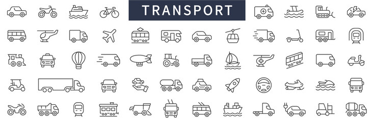 Transport thin line icons set. Vehicle icons. Transport symbols collection. Transport types. Vector illustration - obrazy, fototapety, plakaty