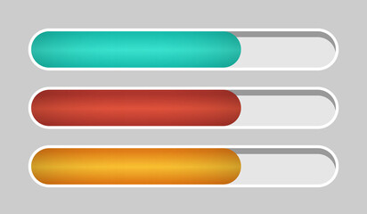 The health or progress bar. Life scale. Green, orange and red stripes. Design elements for video games. Vector clipart isolated on gray background.