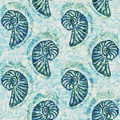 Aegean Teal seashell nautical sealife seamless pattern. Grunge distress faded linen effect background for marine home decor fabric textiles. 