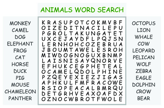 Animals word search puzzle vector