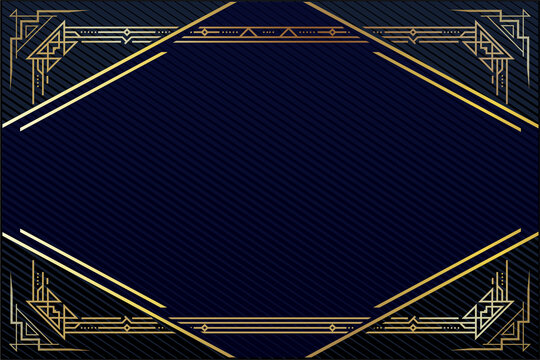 Art Deco styled template for invitations. Party design. Complex golden frame.