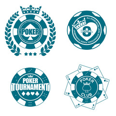 Poker club tournament emblem isolated monochrome logo on white background. Poker chip with spades in crown and laurel wreath. Casino chip on cards set. Vector graphic casino sign design set