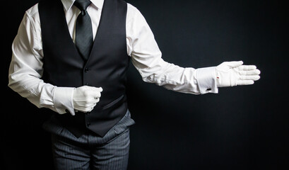Portrait of Butler in White Gloves Standing With Welcoming Gesture. Concept of Service Industry and...