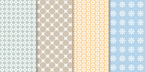 Set of minimal geometric texture seamless patterns. Repeating simple geometrical shapes backgrounds.