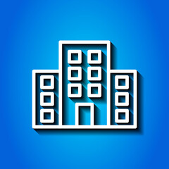 Building vector icon. Flat design. White icon with shadow on blue background.ai