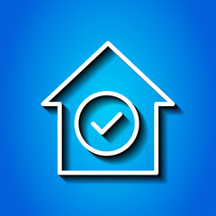 Confirm, agree, house simple icon. Flat desing. White icon with shadow on blue background.ai