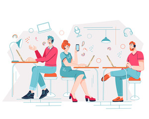 Online support operators or call center employees, flat cartoon vector illustration isolated on white background. Telemarketers or online consultants at work talking to clients.