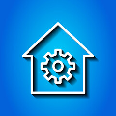 Gear, house simple icon vector. Flat design. White icon with shadow on blue background.ai