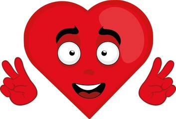 Vector illustration of a cartoon heart character making the classic gesture of love and peace or v victory with his hands