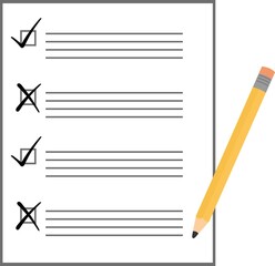 Vector illustration of a pencil marking check marks or crosses, on a sheet with checkbox options