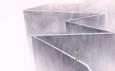 Conceptual art, man walking on surreal wall, hope lonely success and ambition concept, black and white 3d illustration, abstract of architechture