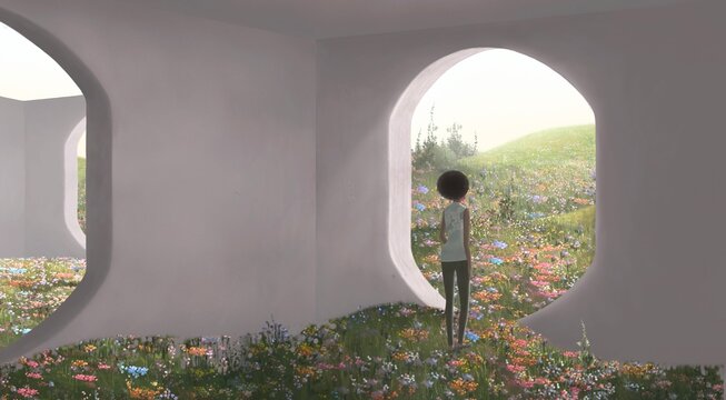 A Lonely Black Woman In A Room Of Flower Field. Concept Idea Of Inspiration, Summer, Way, Change, Choice, Solution, Hope, Freedom, And Life. Surreal Artwork. Conceptual 3d Illustration.  Painting.