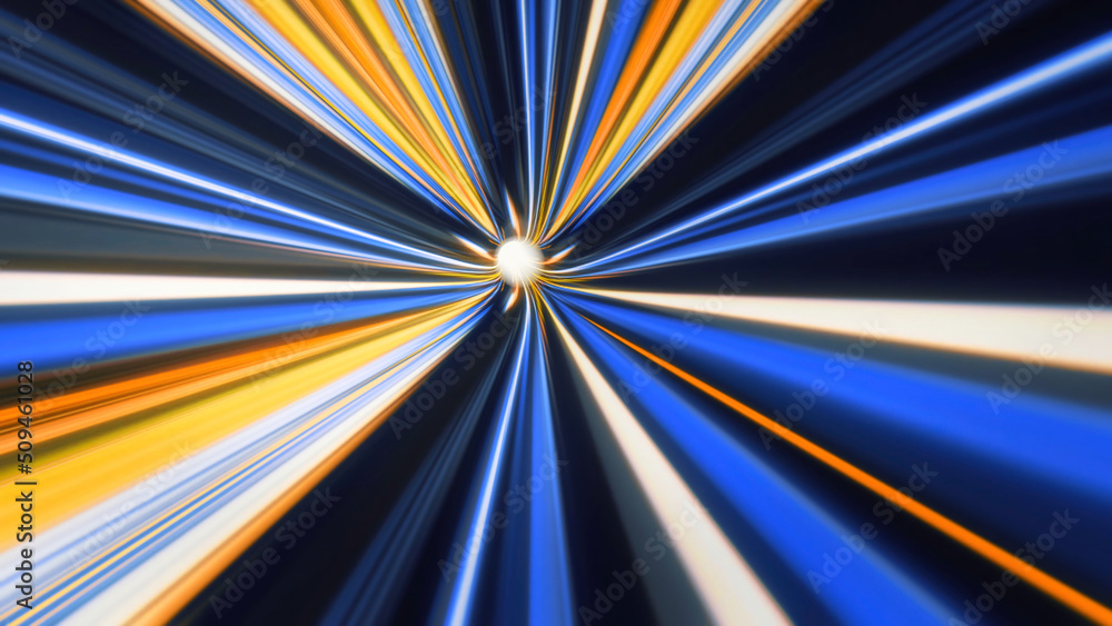 Poster abstract speed tunnel of colorful shining rays on black background, seamless loop. animation. motion