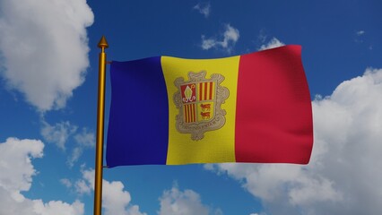 National flag of Andorra waving 3D Render with flagpole and blue sky, Principality of Andorra flag...