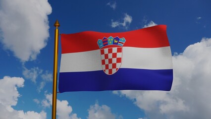 National flag of Croatia waving 3D Render with flagpole and blue sky, Republic of Croatia flag textile, Trobojnica with coat of arms Croatia, croatian independence day, Miroslav Sutej. 3d illustration