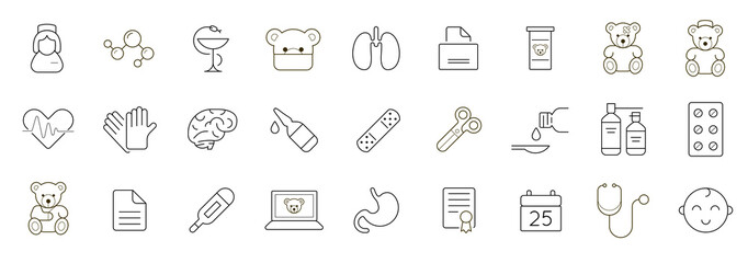 Outline icons set. Pediatric hospital clinic and medical care. Vector. - obrazy, fototapety, plakaty