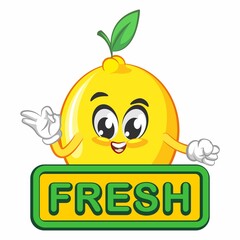 cute lemon fruit mascot character illustration logo icon vector with a sign that says fresh