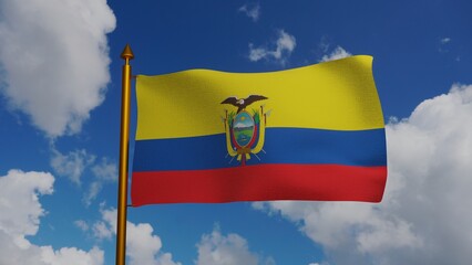 National flag of Ecuador waving 3D Render with flagpole and blue sky, Republic of Ecuador flag textile, coat of arms Ecuador independence day. High quality 3d illustration