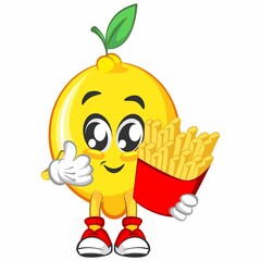 cute lemon fruit mascot character illustration logo icon vector and french fries