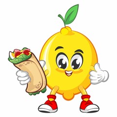 cute lemon fruit mascot character illustration logo icon vector eating burritos