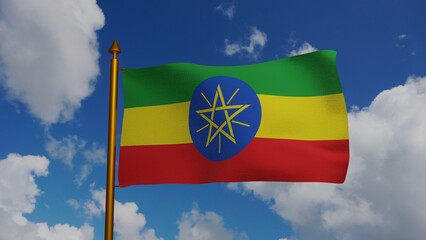 National flag of Ethiopia waving 3D Render with flagpole and blue sky, Federal Democratic Republic of Ethiopia flag textile designed Abebe Alambo, coat of arms Ethiopia independence day. illustration